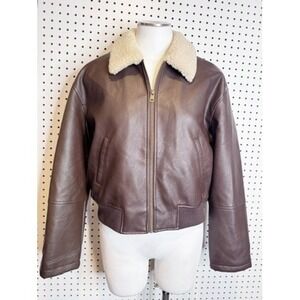 Levis | NWT Brown Faux Leather Bomber Jacket w/ Sherpa Collar Medium